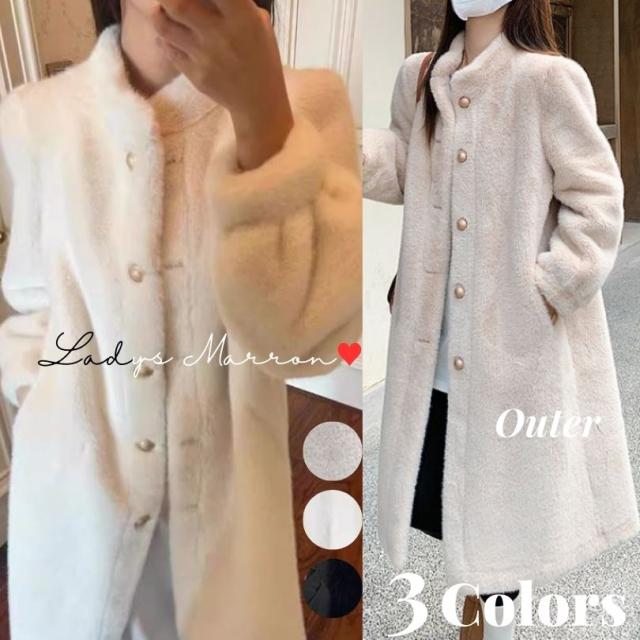 ボアコート ロングコート レディース ドレスコート 白コート 冬 白いコート 白ロングコート 白ボアコート 黒コート 可愛い 韓国 ガーリーコート お嬢様コート アウター フェミニン 20代 ノーカラーコート フェイクウール バンドカラー 長袖