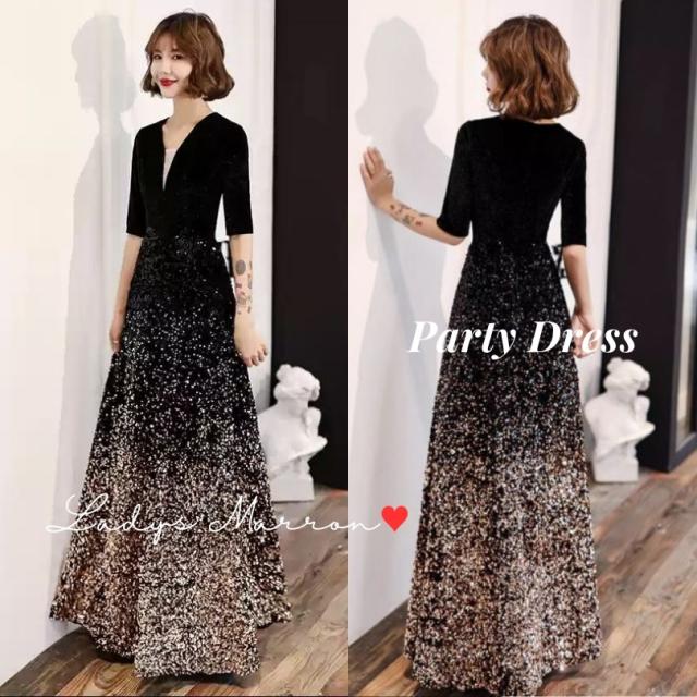 イブニングドレス ロングドレス 結婚式パーティードレス 黒 スパンコールドレス 成人式ドレス 同窓会ドレス 二次会ドレス パーティードレス マキシドレス 星 星空 結婚式フォーマルドレス スパンコール 韓国 春 秋 冬 五分袖