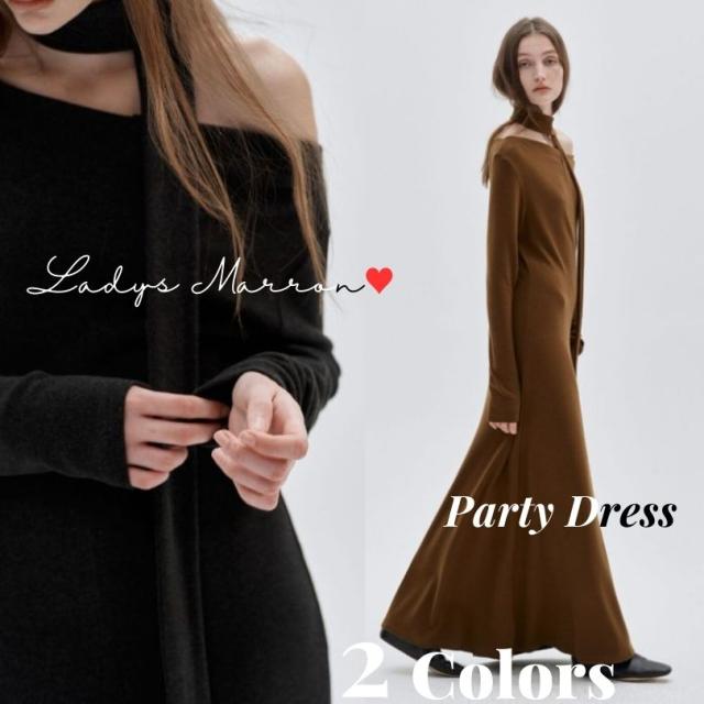 ワンショルダードレス ロングドレス お呼ばれドレス 結婚式 パーティードレス 冬 かっこいい ニットドレス アシンメトリードレス モード 黒ドレス 黒ワンピース 同窓会ドレス 成人式ドレス ワンピース 韓国 ワンショルダー 春 秋 ロング丈 長袖