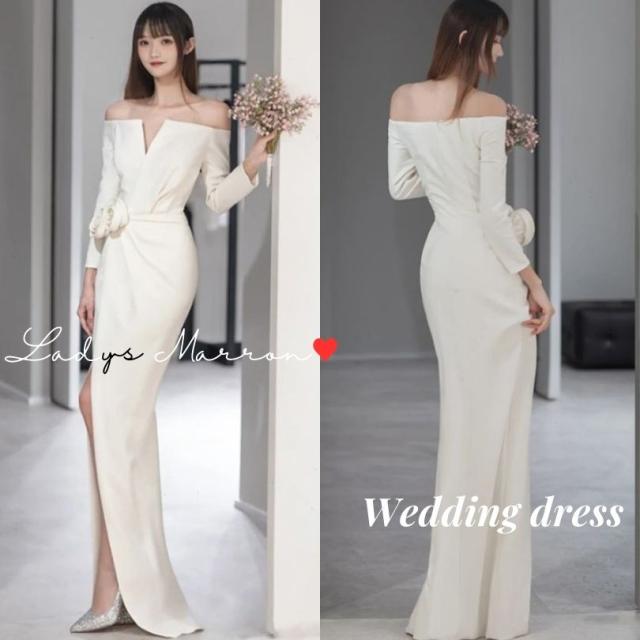 ウェディングドレス タイト ウエディングドレス 白 前撮り ドレス イブニングドレス 個性的ドレス 演奏会 二次会 花嫁 ロング 前撮りドレス オフショル オフショルダー 韓国 春 夏 秋 冬  可愛い フォトウェディング 結婚式 海外挙式