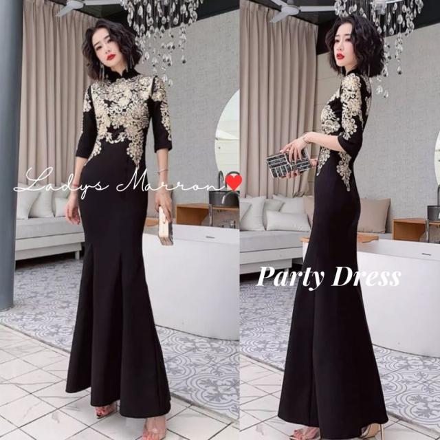 イブニングドレス 黒 ロングドレス 個性的 マーメイドドレス お呼ばれドレス 結婚式 マザーズドレス 同窓会ドレス 成人式ドレス パーティードレス 黒ドレス 結婚式服装 結婚式お呼ばれドレス 韓国 花柄 マオカラー 春 夏 秋 冬