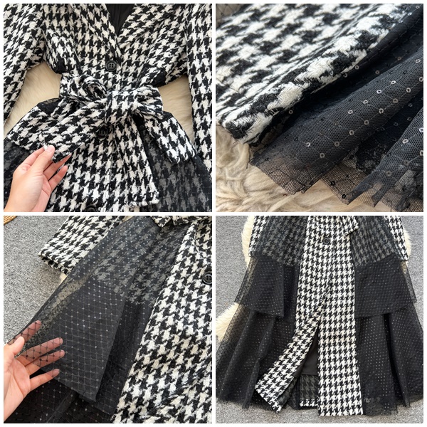 チェックワンピース チェック柄ワンピース 千鳥格子 韓国 黒 トレンチ