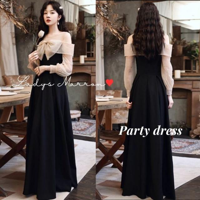 パーティドレス 黒 結婚式ロングドレス パーティードレスロング 黒ロングドレス 結婚式お呼ばれドレス 同窓会ドレス 成人式ドレス 二次会 結婚式服装 胸元 リボンドレス ロングドレス ロングワンピース 韓国 オープンショルダー 春 夏 秋 冬 長袖