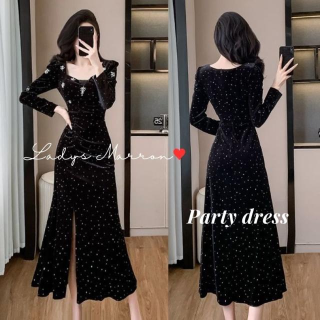 パーティードレス パーティードレス 黒 ベロアドレス お呼ばれ ベルベットドレス 冬 スリットドレス 同窓会ドレス 成人式ドレス 二次会 韓国 結婚式お呼ばれドレス 結婚式ロングドレス 結婚式服装 ロングドレス ロングワンピース  春 夏 秋 長袖