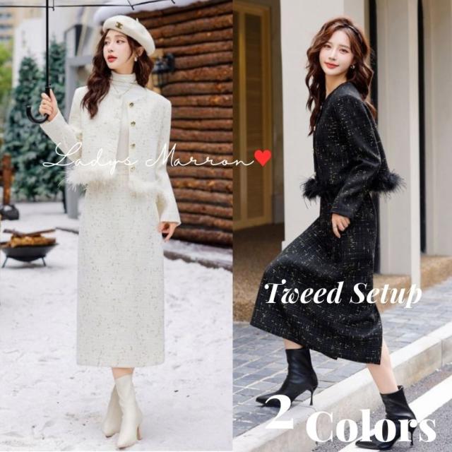 ツイードセットアップ 韓国 レディース ツイードジャケット ツイードスカート 秋 冬 セレモニースーツ セレモニーセットアップ レディース 卒業式スーツ 卒園式スーツ 入学式スーツ 入園式スーツ 黒 白 入学式 卒業式 ママ 母親 服 服装