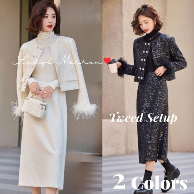 ツイードセットアップ 韓国 レディース ツイードジャケット ツイードスカート 秋 冬 セレモニースーツ セレモニーセットアップ レディース 卒業式スーツ 卒園式スーツ 入学式スーツ 入園式スーツ 黒 白 ママ 母親 ママスーツ 服 服装 韓国