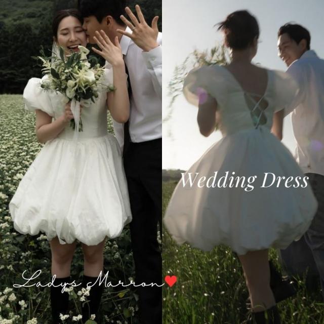 ミニウェディングドレス ウェディングドレス ミニ ミニ丈 韓国 ショート丈 ウエディングドレス 白 前撮りドレス 結婚式 二次会ドレス 花嫁 白いドレス ミニスカ バックコンシャス フォトウェディング バルーンスカート春 夏 秋 冬 可愛い パフスリーブ 個性的