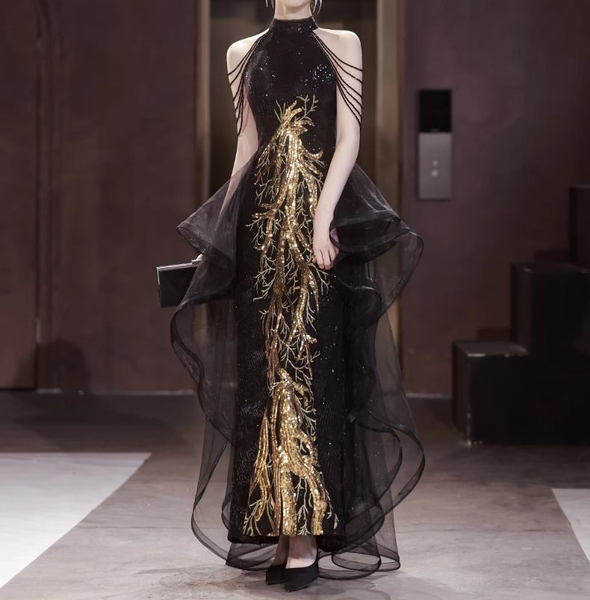 スパンコールドレス パーティードレス ショルダーネックレス ウェディングドレス ウエディングドレス 黒 前撮りドレス お色直し ロングドレス カラードレス イブニングドレス 韓国 春 夏 秋 冬 ロング丈 マキシ丈  可愛い ゴールド刺繍 キラキラ スパンコールドレス パーティードレス ショルダーネックレス