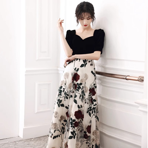 花柄ワンピース 半袖 花刺繍 花柄ドレス ワンピース 夏ワンピース