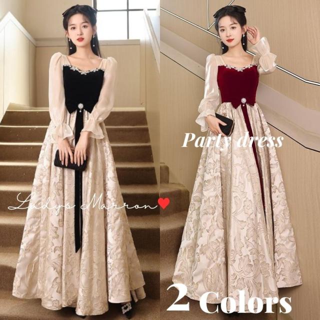 お呼ばれワンピース パーティードレス ガーリードレス レトロロングワンピース ガーリーワンピース 結婚式お呼ばれ 服 フェミニンドレス 花ドレス 花柄ドレス ロングワンピース 韓国 無地 花柄 Uネック 春 夏 秋 冬 長袖 ロング丈  可愛い