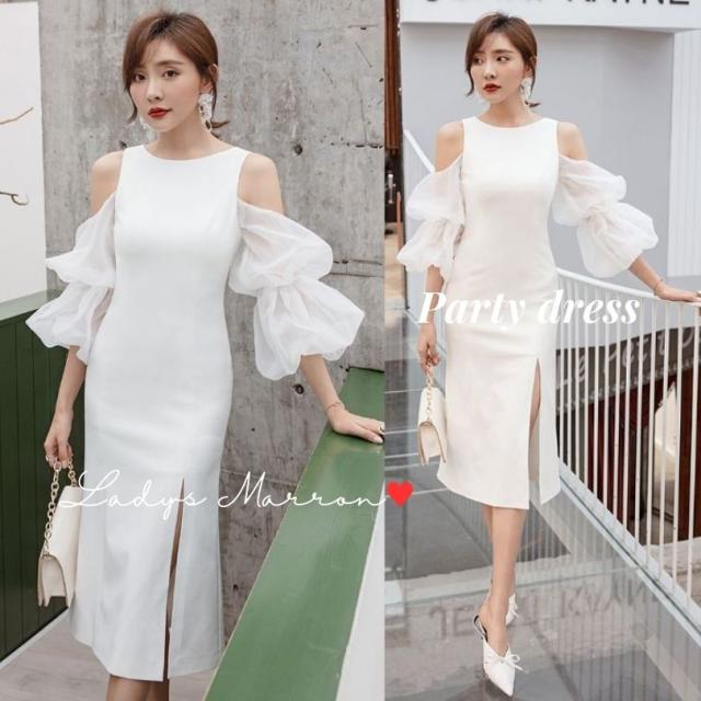 白いドレス 白ドレス パーティードレス 韓国 タイトドレス キャバ嬢ドレス 二次会ドレス ノースリーブドレス ホワイトドレス かっこいい 個性的 バルーン袖 スリット ひざ丈ドレス ひざ丈ワンピース 無地 ラウンドネック 春 夏 秋 冬 ひざ丈