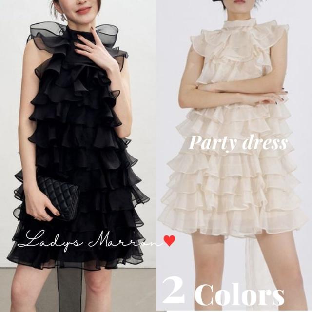ミニドレス フリルドレス パーティードレス 韓国 リボンドレス かわいいドレス 10代 20代 可愛い 結婚式ミニドレス ティアードドレス ミニワンピース 無地 ボトルネック 春 夏 秋 冬 ノースリーブ ショート丈 ミニ丈  ケーキドレス ティアード