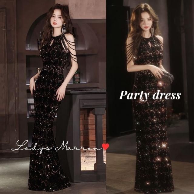 スパンコールドレス イブニングドレス 黒 ロングドレス ホルターネックドレス 結婚式ドレス パーティードレス キラキラドレス お呼ばれドレス キラキラ 結婚式お呼ばれドレス 結婚式お呼ばれ 服 ロングワンピース 韓国 春 夏 秋 冬 可愛い
