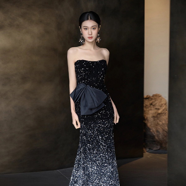スパンコールドレス イブニングドレス パーティー 黒 ロングドレス