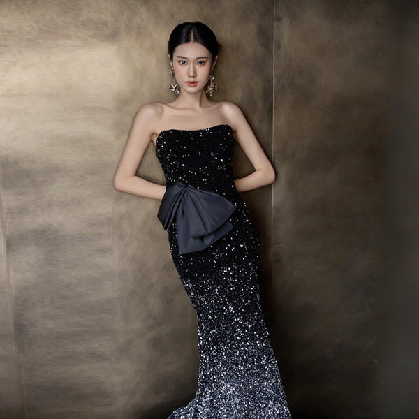 スパンコールドレス イブニングドレス パーティー 黒 ロングドレス