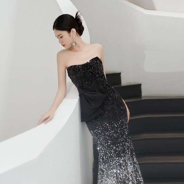 スパンコールドレス イブニングドレス パーティー 黒 ロングドレス