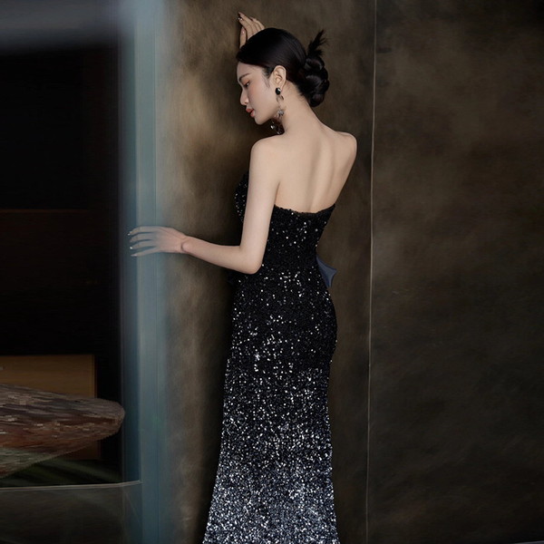 スパンコールドレス イブニングドレス パーティー 黒 ロングドレス