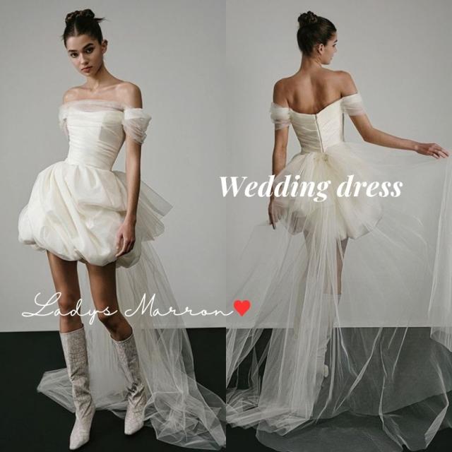 ミニウェディングドレス ウェディングドレス ミニ ミニ丈 韓国 ショート丈 オフショルダー ウエディングドレス 白 前撮りドレス 結婚式 二次会ドレス 花嫁 白いドレス オフショル ベアトップ フォトウェディング バルーンスカート春 夏 秋 冬 可愛い 個性的 パーティードレス