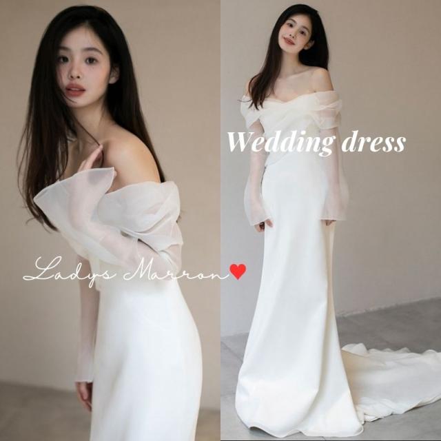 ウェディングドレス マーメイド ウエディングドレス 前撮りドレス 二次会 ドレス 花嫁 オフショルダー オフショル 袖あり 結婚式ドレス 白 ドレス ロング 白いドレス ホワイトドレス フォトウェディング スレンダーライン 春 夏 秋 冬 可愛い 韓国 結婚式 ロングトレーン