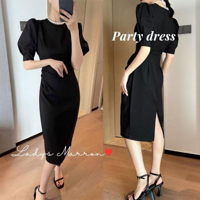 結婚式 タイトドレス 黒 お呼ばれドレス タイト パーティードレス 韓国 フォーマルドレス 結婚式服装 結婚式 ゲストドレス 結婚式お呼ばれドレス 結婚式ドレスお呼ばれ 20代 30代 40代 50代 結婚式参列ドレス パフスリーブドレス スリット お呼ばれワンピース