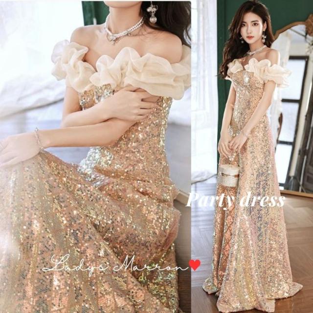 スパンコールドレス ゴールドドレス イブニングドレス オフショルドレス オフショルダー フリルドレス キラキラドレス ウェディングドレス パーティードレス ロングドレス 結婚式ドレス 金ドレス 派手 衣装 韓国 無地 春 夏 秋 冬 ロング丈  可愛い ゴージャス