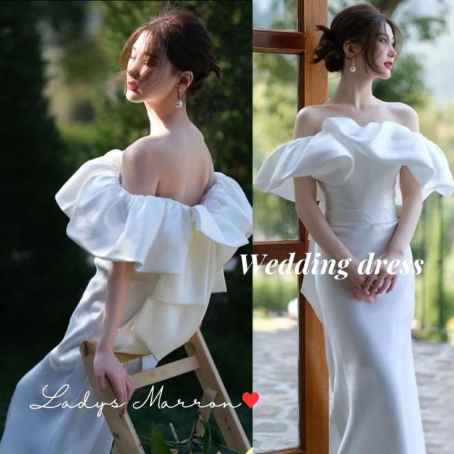 ウェディングドレス ウエディングドレス 白 前撮りドレス ワンピース 前撮り マーメイドドレス マーメードドレス マーメイドライン オフショルドレス オフショルダードレス フリルドレス 白ワンピ 白ワンピース 白ドレス ドレス 二次会 花嫁  結婚式 韓国 春 夏 秋 冬