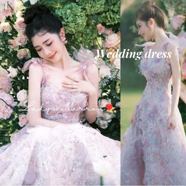 ウェディングドレス カラードレス ブルードレス 前撮りドレス 肩リボンドレス ピンクドレス プリンセスライン プリンセスドレス フリルドレス お色直しドレス 結婚式カラードレス 色ドレス ワンピース 前撮り 二次会 花嫁 2次会 花嫁ドレス 個性的ドレス 韓国