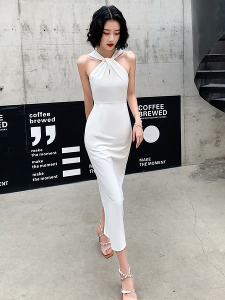 結婚式 タイトドレス ノースリーブドレス ホルターネックドレス