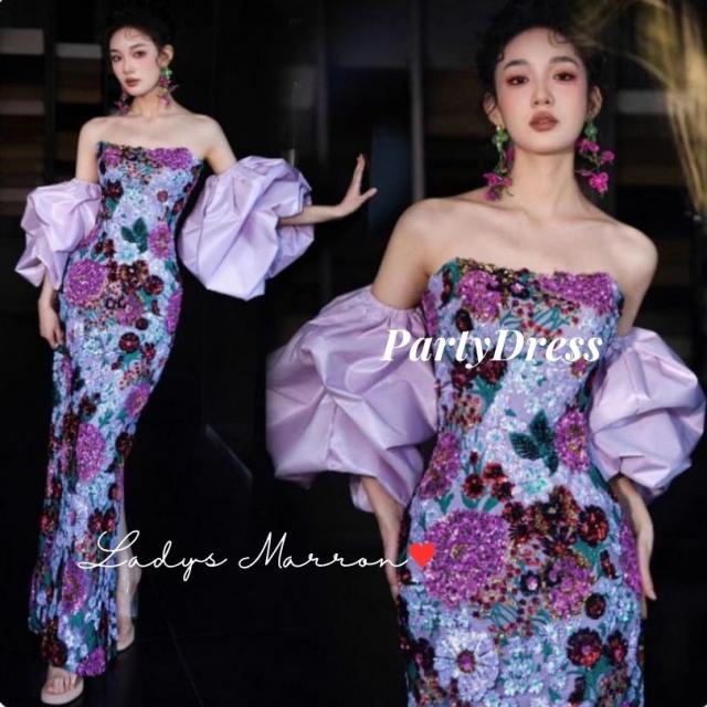 結婚式 タイトドレス マーメイドドレス マーメード パーティードレス かっこいい 韓国 個性的 ベアトップ 舞台衣装 オフショルダー ワンピース 花柄 春 夏 秋 冬 ロング丈  可愛い 派手 ゴージャス スパンコール ビジュー 刺繍 他と被らない スレンダードレス