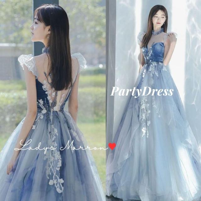 カラードレス ウェディングドレス 前踊りドレス パーティードレス 韓国 かっこいい 個性的 ウエディングドレス ロングドレス 同窓会ドレス 成人式ドレス 二次会ドレス 花嫁 青ドレス スマートカジュアル レディース ワンピース 花柄 スタンドカラー