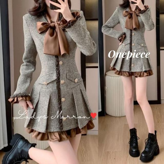ツイードワンピース 量産型 地雷系 ワンピース 服 y2k ファッション ガーリー ロリータ 推し活 ヲタク サブカル 個性派 原宿 韓国 ミニワンピース 重ね着風 リボン ブラウスワンピース ミニワンピース フレアワンピース ビッグリボン 春 秋 冬 長袖
