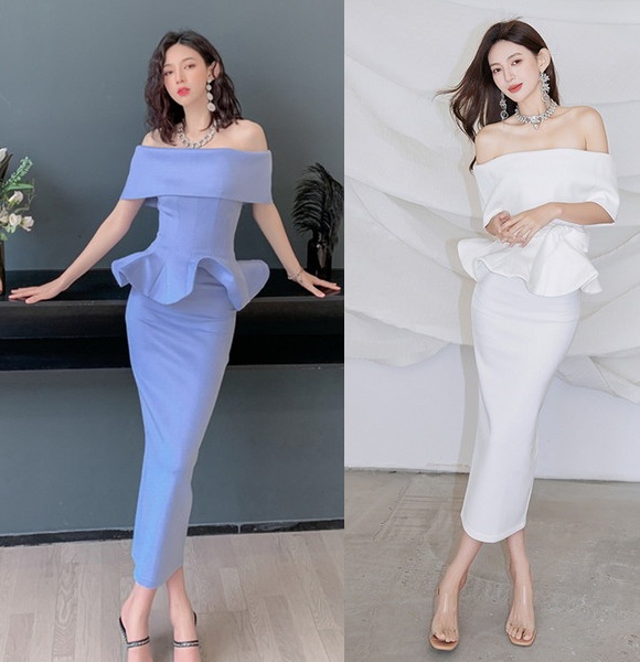結婚式 タイトドレス オフショルダードレス ペプラムドレス パーティー