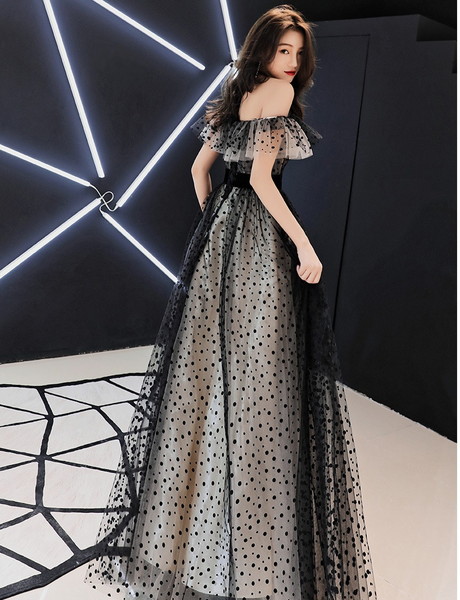 イブニングドレス オフショルダードレス ドットドレス ロングドレス