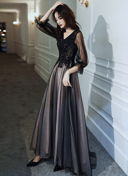 イブニングドレス 黒ドレス マザーズドレス ロングドレス 長袖