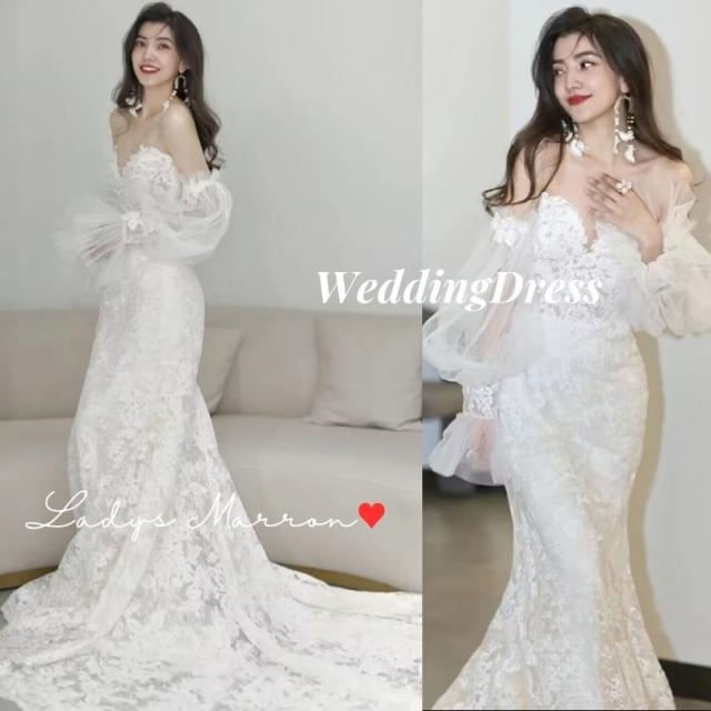 ウェディングドレス ウエディングドレス マーメイド マーメード オフショルダードレス オフショル 白 前撮りドレス 前撮り ドレス パフスリーブ 白ワンピ 白ワンピース 白ドレス 白いドレス 二次会 花嫁 2次会 花嫁ドレス 結婚式 韓国 春 夏 秋 冬