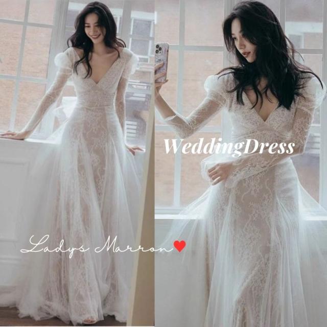 ウェディングドレス ウエディングドレス 白 前撮りドレス 前撮り ドレス 長袖 白ワンピ 白ワンピース 白ドレス 白いドレス 二次会 花嫁 2次会 花嫁ドレス 結婚式 韓国 春 夏 秋 冬 可愛い フォトウェディング ブライダルドレス ブライダル 披露宴