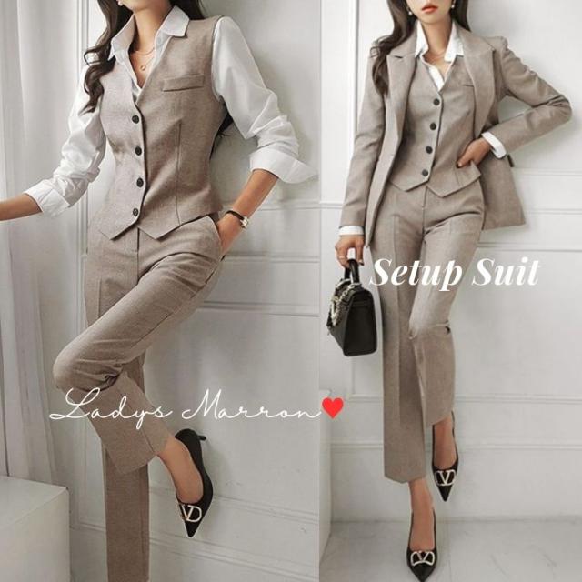 スーツレディースセット レディース セットアップスーツ かっこいい ベージュスーツ 大人 ジャケット パンツ ベスト スリーピース スーツ 結婚式スーツ 女性 セットアップ 上下セット ツーピース 3点セット 無地 Vネック 春 秋 長袖 可愛い 韓国 セミフォーマル