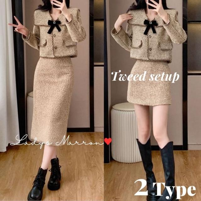ツイード セットアップ 韓国 同窓会 服装 成人式 ジャケット スカート ボウタイ 量産型 参戦服 ガルバ 七五三 ママ 母親 親 スーツ 卒業式 卒園式 セレモニー 春 秋 冬 ツーピース 2点セット 無地 Vネック 長袖 ロング丈 ショート丈 ミニ丈 可愛い ボックスジャケット