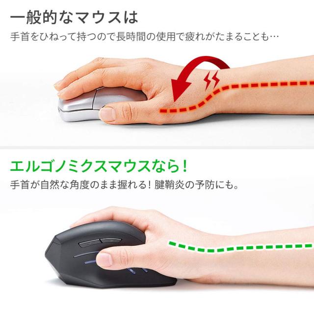 サンワサプライ Bluetoothマウス エルゴマウス形状 腱鞘炎防止 ブルーLED 5ボタン 大型 MA-ERGBT15