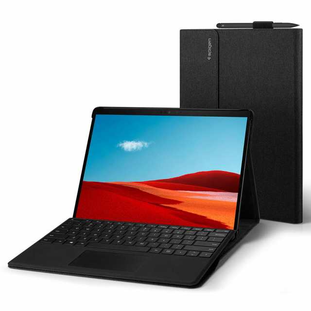 [Spigen] マイクロソフト Surface Pro X ケース バンド ポケット付き スタンド 機能 マグネット式 フラップ 手帳型 PUレザー PC ハード
