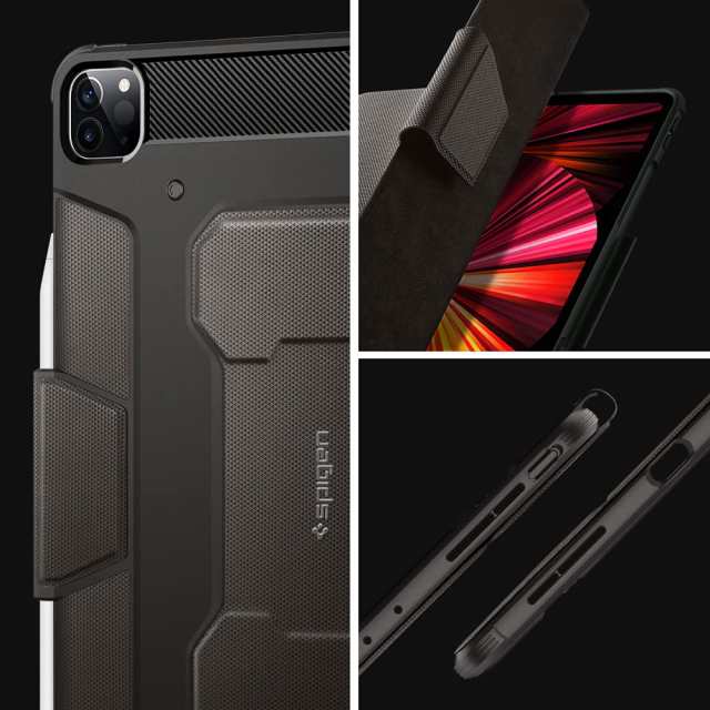 Spigen iPad Pro 11インチ ケース (2022 2021 2020 2018)用 第4/3/2/1/世代対応 カバー 三つ折り スタンド Apple Pencil対応 耐衝撃 米軍MIL規格 落下 衝撃 吸収 ラギッド・アーマープロ ACS01025 (ガンメタル)