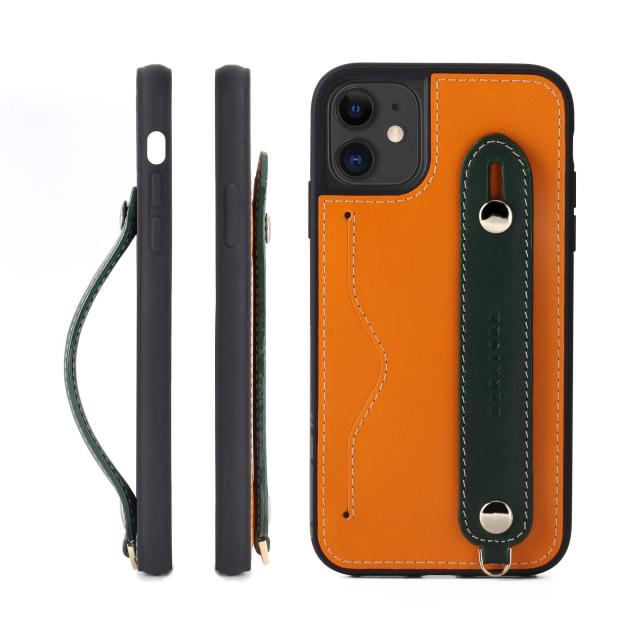 IPhone 11 グリップケース レザー 本革 ストラップ付属 イタリア製牛革 ヌメ革 片手操作 カード収納 スタンド機能 メンズ レディース オレンジ/グリーンの通販は 6,747円