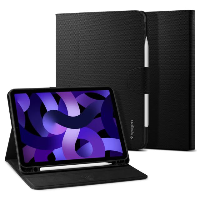 Spigen iPad Air5 ケース 2022 (第5世代) iPad Air4 ケース 2020 カバー スタンド Apple Pencil収納 Pencilホルダー付き 留め具付き 角度調節可能 フォリオシリーズ リキッド・エアーフォリオ ACS02246 (ブラック)の通販は