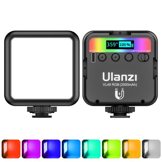 ULANZI VL49 RGB ビデオライト LEDカメラライト 360°フルカラー ポータブル写真照明 コールドシュー3個付き 2000mAh 充電式CRI 95+ 2500-9000K 調光パネルランプ 磁気誘引対応