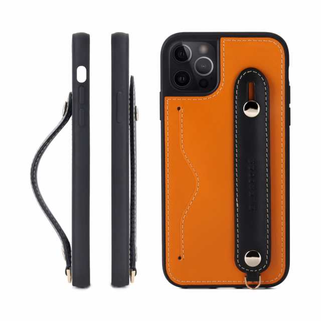 [HANATORA] iPhone13 Pro ケース 本革 グリップケース レザー ストラップ付属 イタリア製牛革 ヌメ革 片手操作 カード収納 スタンド機能 メンズ レディース オレンジ/ブラック CGH-13Pro-Orange-BKの通販はその他家電