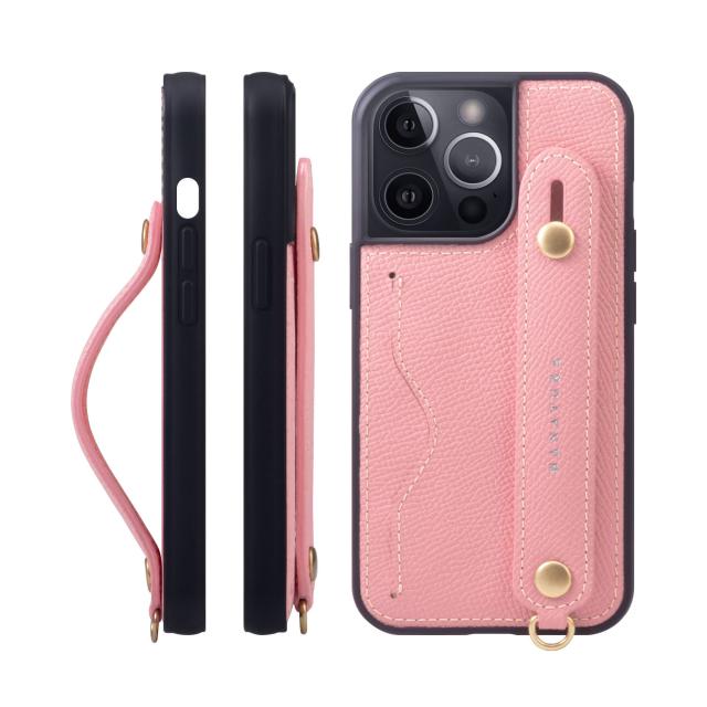 [HANATORA] iPhone13 Pro ケース 本革 グリップケース エンボスレザー ストラップ付属 片手操作 カードポケット スタンド機能 メンズ レディース ピンク NCGH-13Pro-Pink