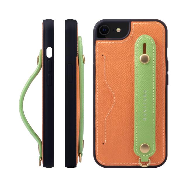 [HANATORA] iPhone 8/iPhone 7 /iPhone SE3/SE2 (第3世代・第2世代) ケース 本革 グリップケース エンボスレザー ストラップ付属 片手操作 カードポケット スタンド機能 メンズ レディース オレンジ/グリーン NCGH-8SE-Orange-GN