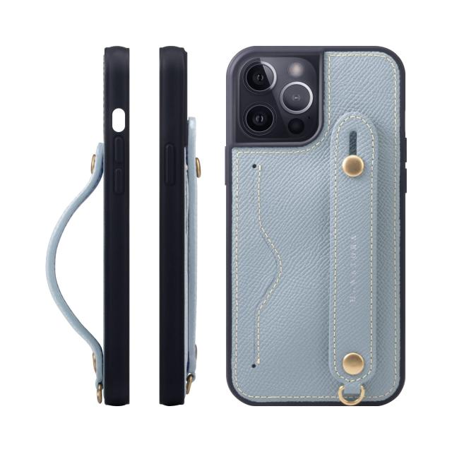 [HANATORA] iPhone12 Pro Max ケース 本革 グリップケース エンボスレザー ストラップ付属 片手操作 カードポケット スタンド機能 メンズ レディース ブルー ラン NCGH-12ProMax-Bluelin