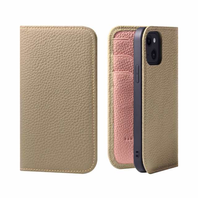 [HANATORA] iPhone12 mini ケース バイカラー 手帳型 本革 シュリンクカーフレザー スマホケース 耐衝撃 磁石不使用 マグネットなし ハンドメイド グレージュ ピンク PH-12Mini-Grege-PKの通販は