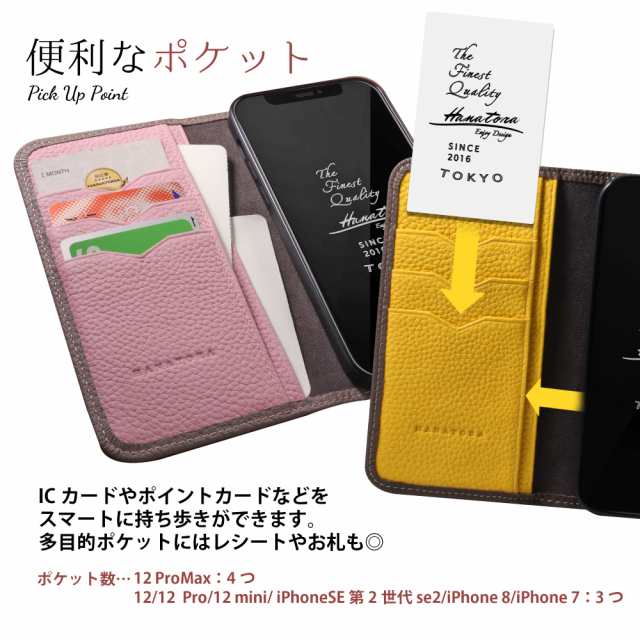 [HANATORA] iPhone12 mini ケース バイカラー 手帳型 本革 シュリンクカーフレザー スマホケース 耐衝撃 磁石不使用 マグネットなし ハンドメイド グレージュ ピンク PH-12Mini-Grege-PKの通販は